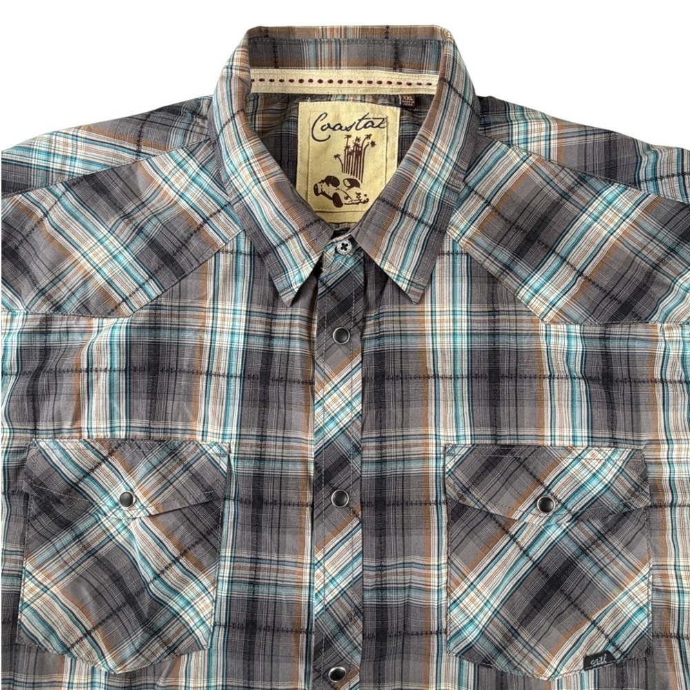 Coastal Mens XXL Short Sleeve Western Plaid Pearl Snap Shirt Grey Teal Brown